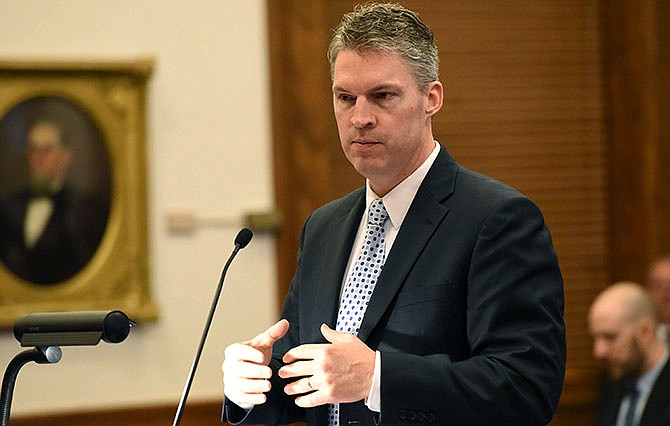 Jeremiah Morgan gives his opening remarks at the hearing for Progress Missouri Inc. verses Missouri Senate at the Missouri Supreme Court building on Wednesday, Feb. 24, 2016. Morgan is representing the respondents. Missouri Supreme Court judges, who restrict recordings of their proceedings, heard arguments Wednesday from the liberal activist group asserting that similar recording limitations by senators violate the state's open-meetings law. (Annie Rice/Missourian via AP)