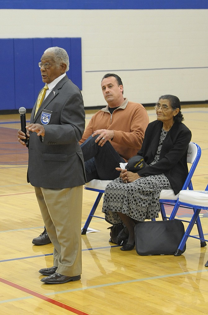 Tipton veteran James Shipley shared his memories as a mechanic for the Tuskegee Airmen at Russellville High School on Tuesday, with the support of military author Jeremy Amick and Shipley's wife of 65 years, Mildred.