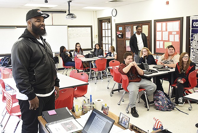 Former Jefferson City Jay and current Denver Bronco football player Sylvester Williams visited Simonsen Ninth Grade Center Tuesday to encourage students to work hard in school and to attend college if they can to pursue their dreams. 
