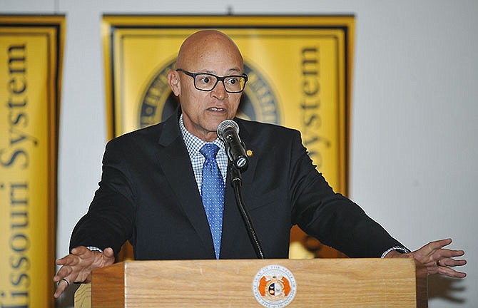 University of Missouri System interim President Mike Middleton addressed systemwide staff gathered Wednesday in the Capitol Rotunda in Jefferson City.