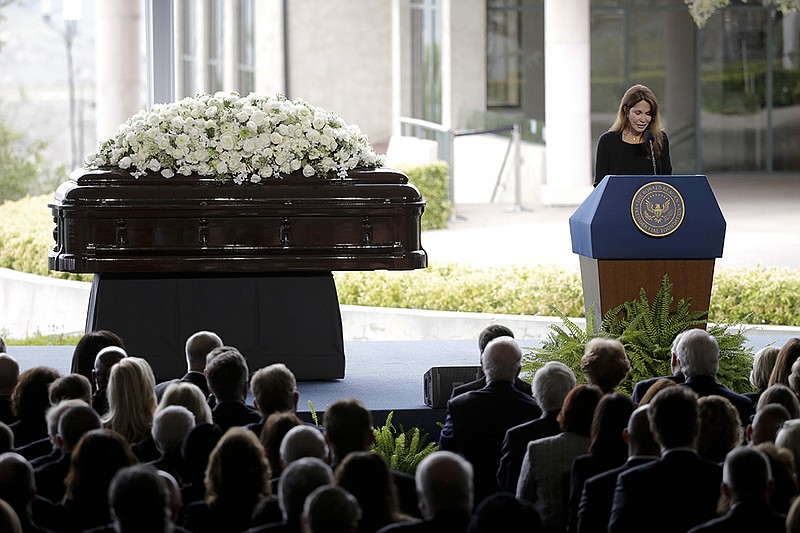 Patti Davis, daughter of late former President Ronald Reagan and Nancy Reagan speaks during the funeral service for the former First Lady at the Ronald Reagan Presidential Library Friday, March 11, 2016, in Simi Valley, Calif. 