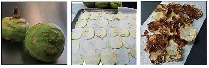 To prepare kohlrabi chips, thinly slice the kohlrabi, lay the uncooked chips on a parchment-lined baking sheet and brush or drizzle with olive oil before baking.