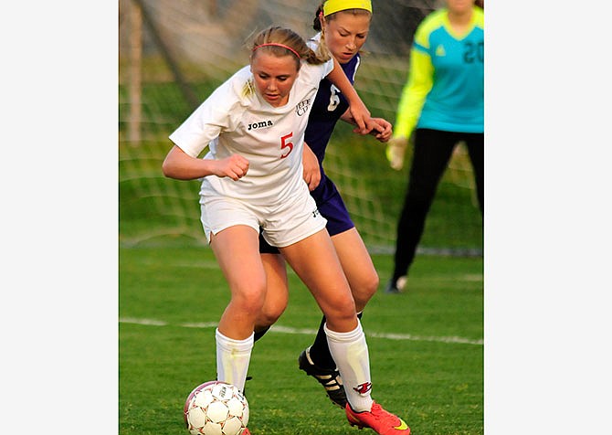 Tayler LePage of Jefferson City shields the ball during a game against Hickman last season at the 179 Soccer Park.