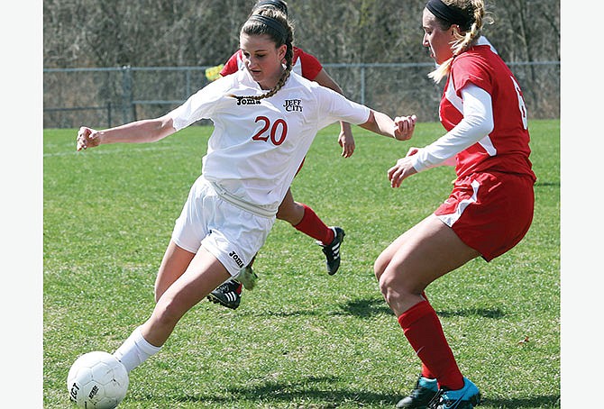 
Morgan Jordan of Jefferson City makes a move with the ball during Saturday afternoon's game against Ursuline Academy at the 179 Soccer Park.