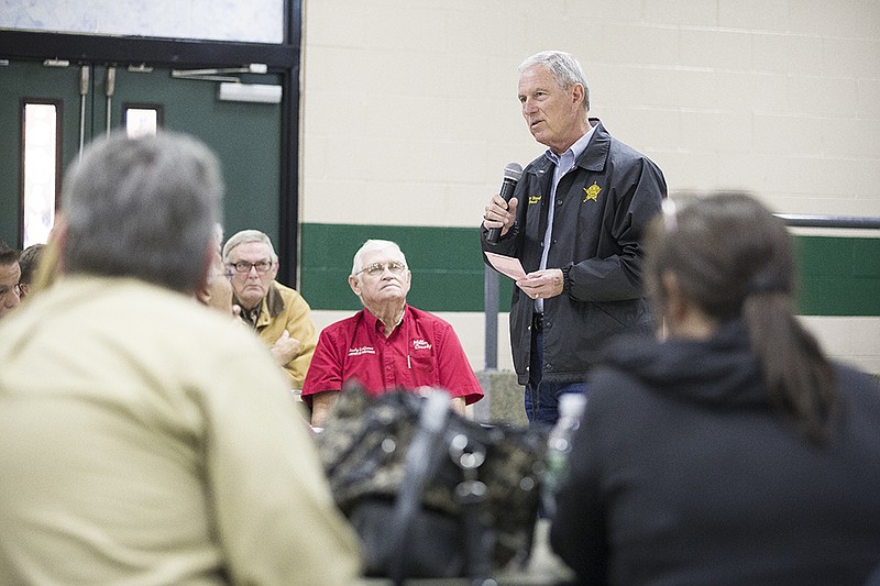 Miller County Sheriff Ron Stovall speaks to a group of concerned citizens at Genoa Central Elementary School on Thursday, Mar. 24, 2016. The goal of the meeting was to educate the public on the current state of the Genoa police and to possibly start a community watch program.