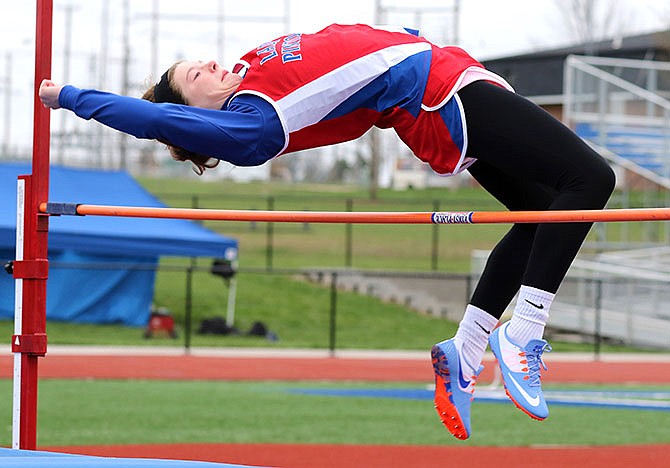 Trinity Higgins of California clears the bar during a high jump attempt in the California Tri Track Relays on March 23, 2016.