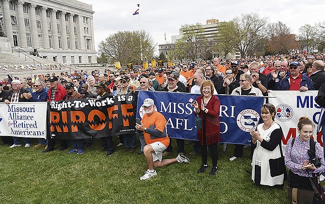 The south lawn of the Capitol was a sea of labor supporters in brightly colored T-shirts Wednesday for a rally featuring addresses from Gov. Jay Nixon and other Democrat statewide office holders. 
