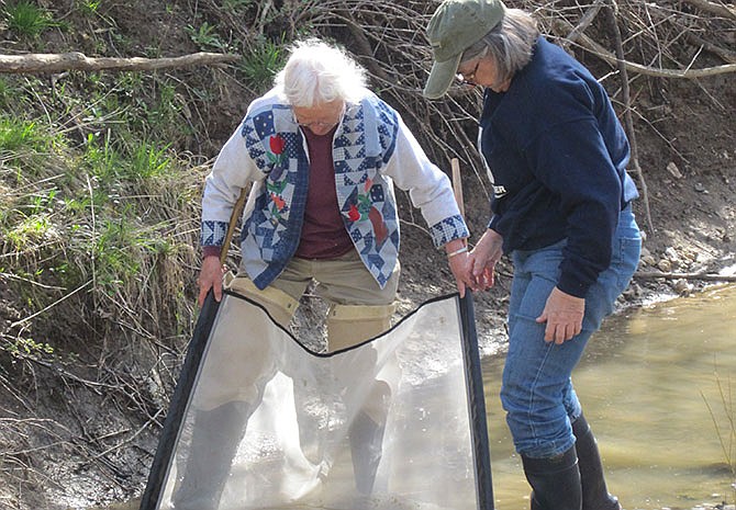 Priscilla Stotts (left) and Jill Sellenriek test for macroinvertebrates in the waters of Stinson Creek in North Callaway County. Macroinvertebrates in a waterway act as an indicator of stream health.