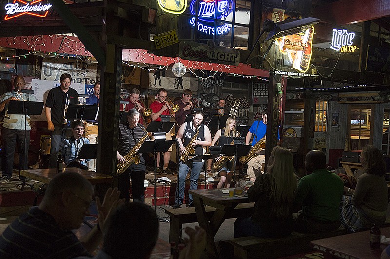  The Texarkana Jazz Orchestra plays the first Tuesday of every month at Fat Jack's. The 17-piece ensemble is made up of local musicians, some of whom are band directors at area schools.