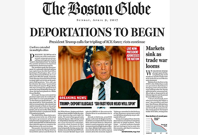 This image shows a portion of a satirical front page of The Boston Globe published on the newspaper's website on Saturday, April 9, 2016. The editorial board of The Boston Globe used the parody to express its uneasiness with a potential Donald Trump presidency. (The Boston Globe via AP)