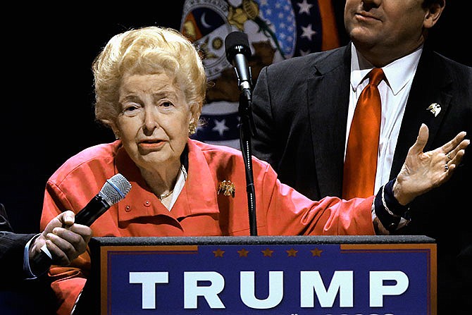 In this March 11, 2016 photo, longtime conservative activist Phyllis Schlafly, 91, endorses Republican presidential candidate Donald Trump before Trump begins speaking at a campaign rally in St. Louis. Her support for Trump has led to internal strife - and what she claims was an attempt to oust her - at the organization she formed nearly a half-century ago to fight the Equal Rights Amendment. 