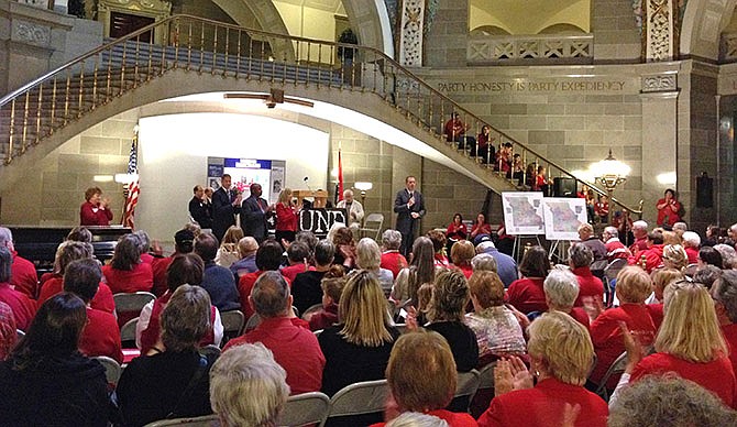 Missouri Republican Sen. Eric Schmitt speaks to a crowd of about 100 rallying against abortion on Tuesday, April 5, 2016, at the Missouri Capitol Rotunda in Jefferson City, Mo. Members of the state's top anti-abortion groups and other abortion opponents gathered to call to defund Planned Parenthood. 