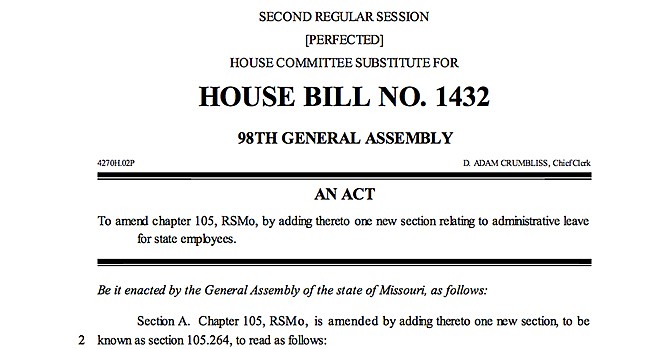 A bill sponsored in Missouri by state Rep. Rob Vescovo, R-Arnold, would require local and state governments who place an employee on paid leave for possible misconduct to hold a hearing within 60 days of the start of the leave. A link to the full bill is in the accompanying article.
