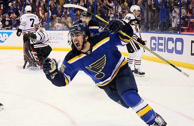 St. Louis Blues center Robby Fabbri reacts after scoring in the third period against the Chicago Blackhawks during Game 5 of an NHL hockey Stanley Cup first-round playoff series, Thursday, April 21, 2016, in St. Louis.