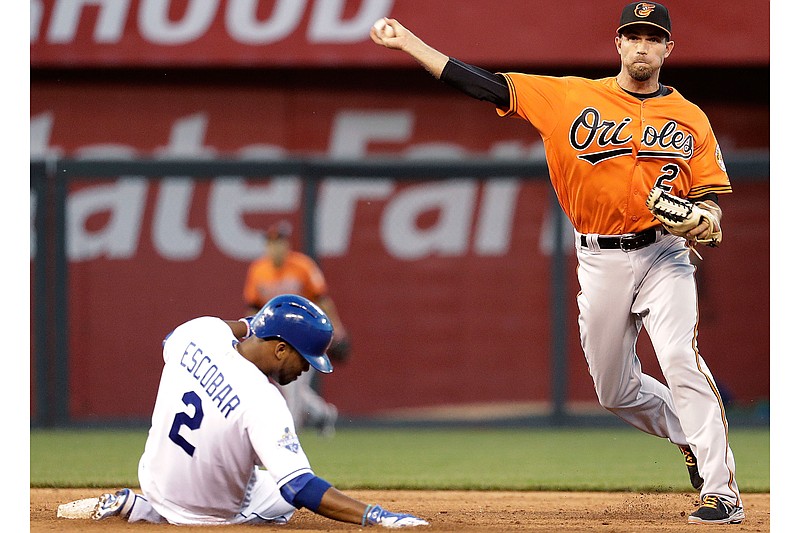 Baltimore Orioles shortstop J.J. Hardy throws to first for the double play hit into by Kansas City Royals' Mike Moustakas, after forcing Alcides Escobar out at second during the fifth inning of a baseball game Saturday, April 23, 2016, in Kansas City, Mo.