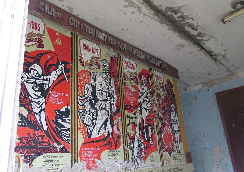 Inside Pripyat's School No. 1 in Ukraine, Soviet posters celebrate the 40th anniversary of victory over fascism. The city was abandoned a day after the Chernobyl disaster, which occurred on April 26, 1986. 