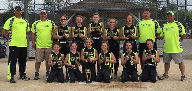 Front row, from left, are Tori Kemna, Maysen Karr, Reagan Smart, Brinley Dysart, Sophie Steiferman and Bailey Bruan; back row, Coach Sam Braun, Coach Scott Sharp, Payton Fischer, Emma Whitson, Olivia Wood, Camryn Sharp, Taisa Green, Coach Adam Green and Coach Matt Smart.