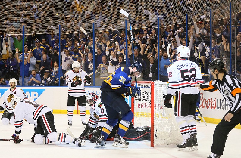 St. Louis right winger Troy Brouwer (36) reacts after scoring the game-winning goal during the third period of Mondayâ€™s Game 7 of the Bluesâ€™ first-round Western Conference series with the Blackhawks in St. Louis.