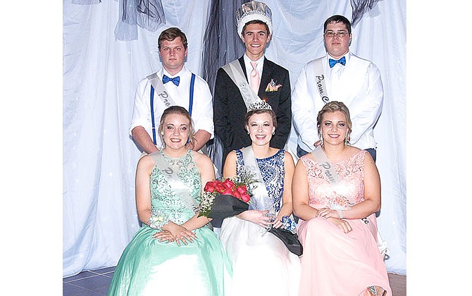 The 2016 California Prom Royalty are: seated, from left, candidate Jackie Gammon, Queen Lauren Ziehmer, candidate Sydney Draffen; and standing, candidate Matthew Brown, King Mason Albertson and candidate Jarod McKee.