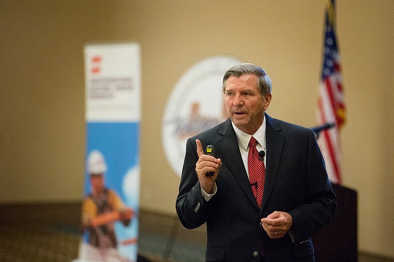 William H. Fruth, president of POLICOM, an independent economic research firm, makes a presentation Tuesday, April 26, 2016 on strategies to improve economic development in the Texarkana area. 