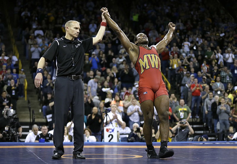 Jâ€™Den Cox reacts after beating Kyle Dake in their 86-kilogram freestyle final match at the U.S. Olympic Wrestling team trials earlier this month in Iowa City, Iowa.