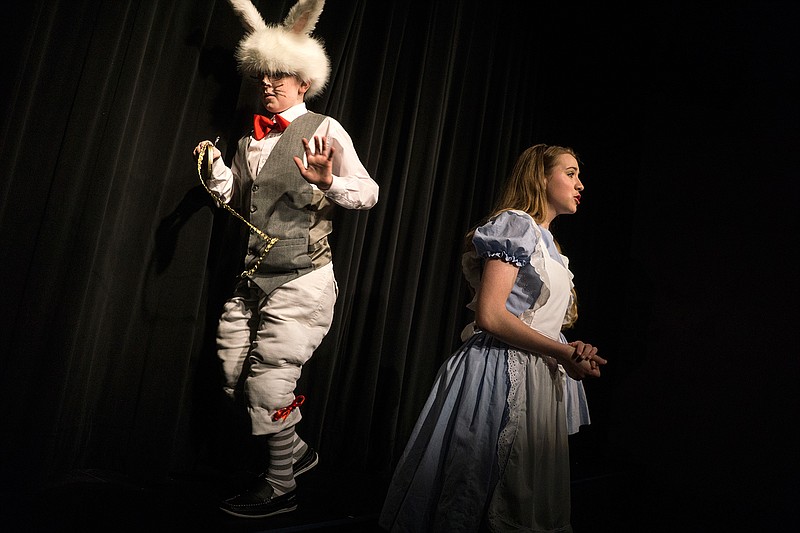 David McCright, left, and Julia Hornok rehearse for the upcoming Silvermoon Childrens Theatre performance of Alice in Wonderland Wednesday, April 27, 2016 at Silvermoon on Broad.