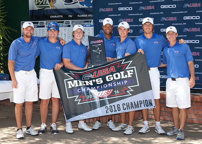 The Louisiana Tech men's golf team poses with the Conference USA championship trophy Wednesday, April 27, 2016 at Texarkana Country Club.