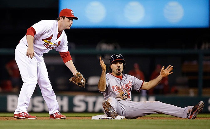 Washington Nationals' Anthony Rendon, right, reacts after being tagged at second by St. Louis Cardinals shortstop Jedd Gyorko and ruled out during the fourth inning of a baseball game Friday, April 29, 2016, in St. Louis. The call was reversed after video review and Rendon went on to score later in the inning.