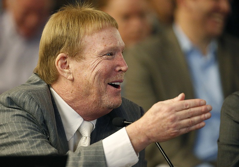 Oakland Raiders Owner Mark Davis speaks at a meeting of the Southern Nevada Tourism Infrastructure Committee, Thursday, April 28, 2016, in Las Vegas. Davis says he wants to move the team to Las Vegas and is willing to spend a half billion dollars as part of a deal for a new stadium in the city.