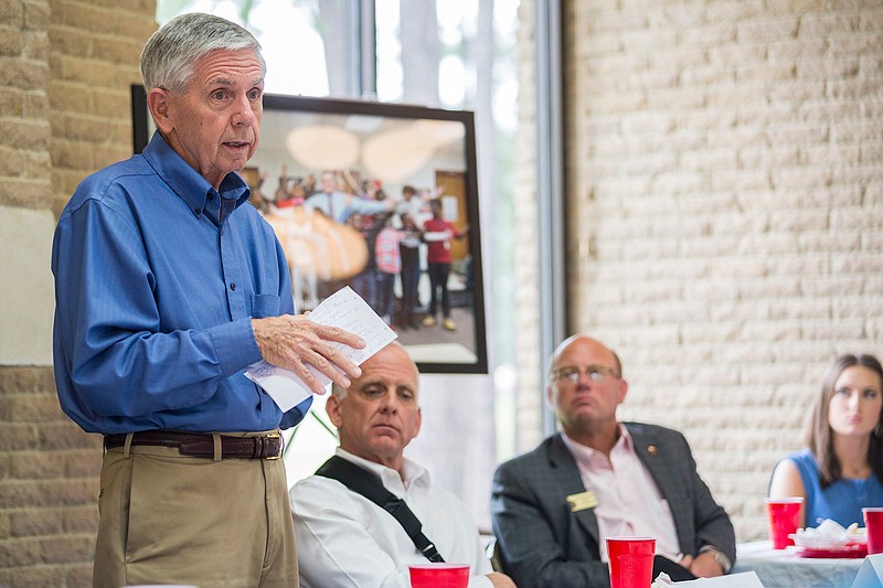 Fred Markham, president of the Pioneer Foundation, thanks attendees of the Learning for Life luncheon Friday, April 29, 2016 at the Boy Scouts Caddo Area Council office. The Pioneer Foundation donates money to Learning for Life, which helps bring Boy Scouts' principles to schools through leadership training.