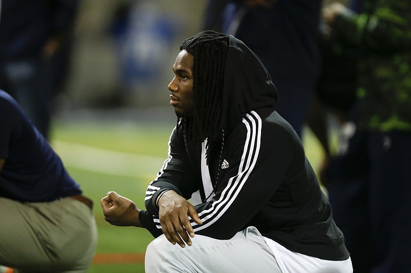 Notre Dame's Jaylon Smith runs a drill during Notre Dame's NFL football Pro Day in South Bend, Ind., Thursday, March 31, 2016. 