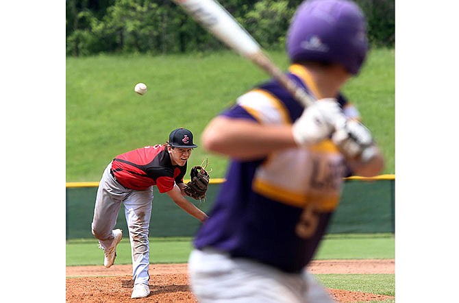 Hayden Hirschvogel of Jefferson City throws a pitch to Camdentonâ€™s Dylan McGuire during Saturdayâ€™s game at Vivion Field in Jefferson City.