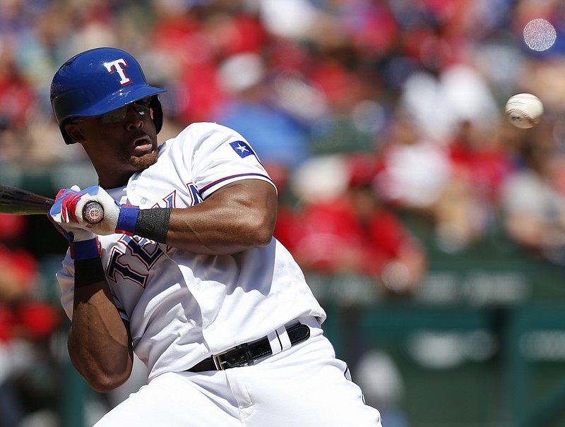 Texas Rangers' Adrian Beltre reacts on an inside pitch thrown by Los Angeles Angels starting pitcher Garrett Richards during the fourth inning of a baseball game, Sunday, May 1, 2016, in Arlington, Texas.