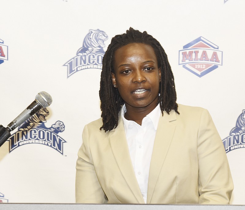 Ayana McWilliams speaks during a press conference Monday after she was named as the new Lincoln University womenâ€™s basketball head coach.