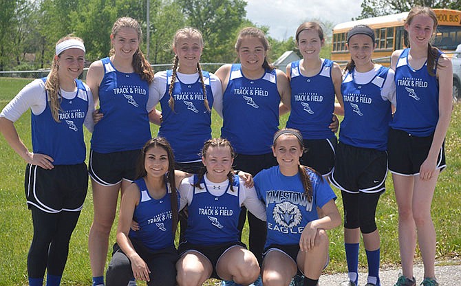 Pictured is the CCAA champion Jamestown girls track team. Front row (left to right): Chiane Harlan, Sierra Cooper, Mickayla Strother. Back row (l to r): Mackenzie Strother, Allison Hawley, McKenzie Hargis, Blake Scholl, Maggie McNay, Aliegh Monroe, Courtney Matthews.