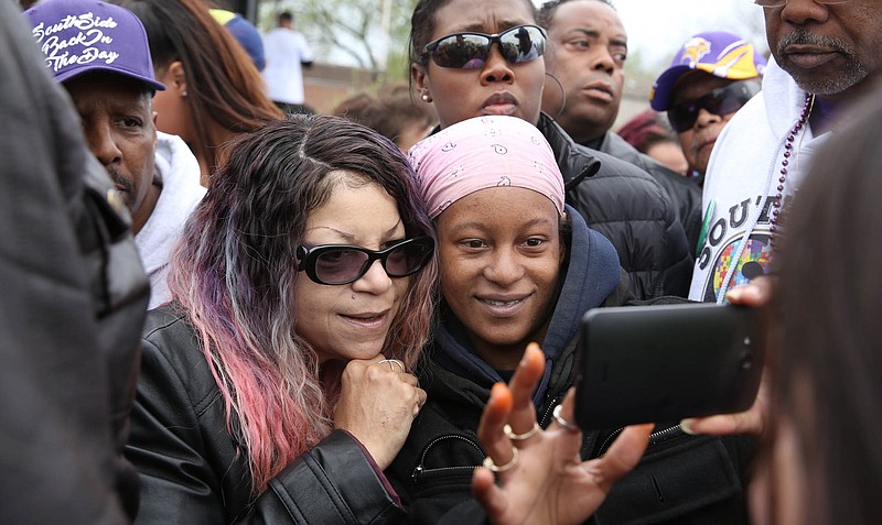 Prince's sister, Tyka Nelson, left, greeted fans during a Prince Block Party Saturday, April 30, 2016, at Sabathani Community Center in Minneapolis, Minn. 