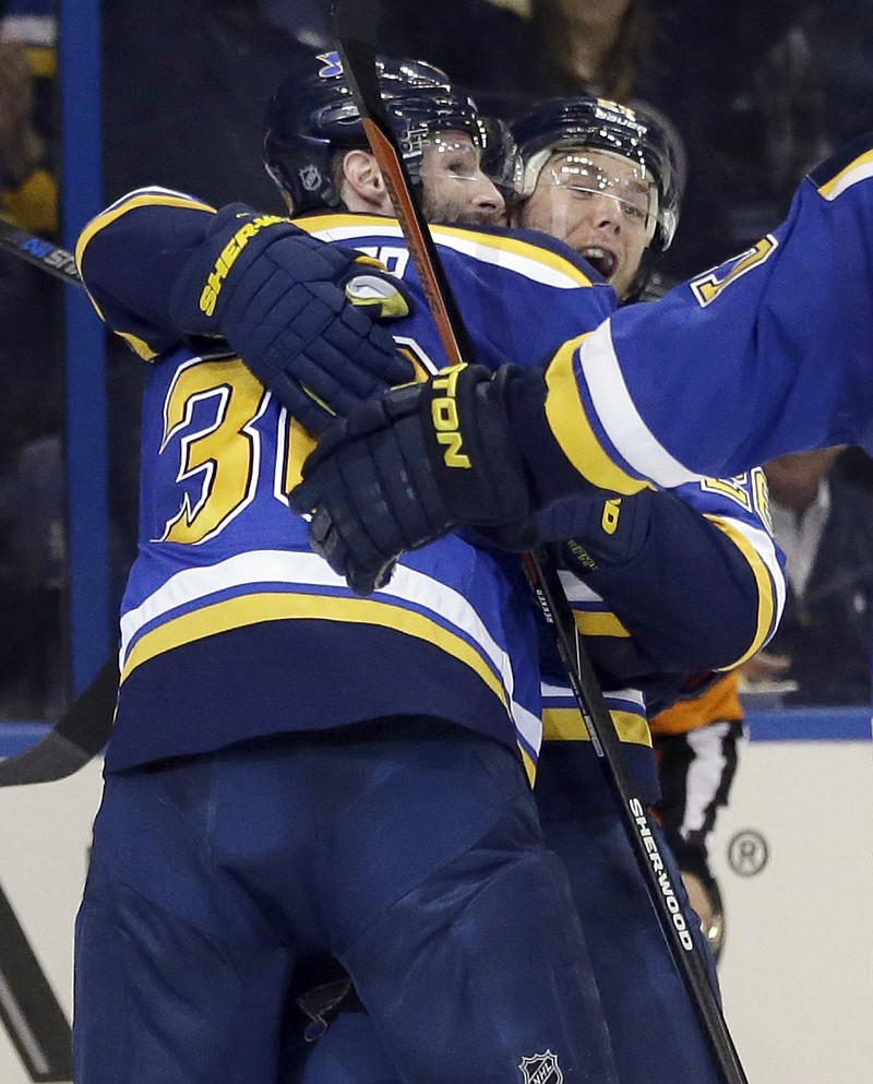 Troy Brouwer (left) is congratulated by Blues teammate Paul Stastny after scoring during the second period of Tuesday nightâ€™s game against the Stars in St. Louis.