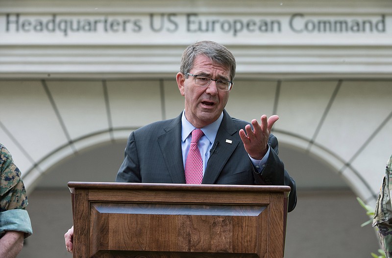 US Secretary of Defense Ashton Carter speaks during a press conference held after the change in command at the United States European Command (EUCOM), at the Patch Barracks in Stuttgart, Germany, Tuesday, May 3, 2016.
