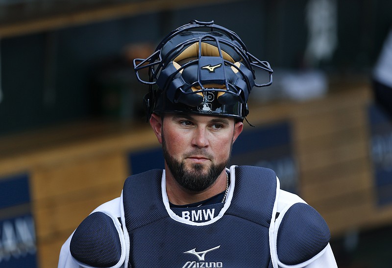 Detroit Tigers catcher Bobby Wilson waits to take the field against the Cleveland Indians in the first inning of a baseball game, Friday, April 22, 2016, in Detroit. 