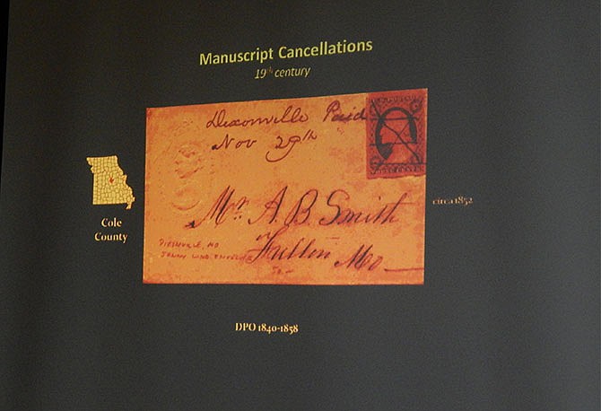 A letter sent to a Mr. A.B. Smith of Fulton, Mo. shows a hand-cancelled stamp.