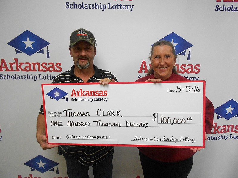 This photo provided by the Arkansas Scholarship Lottery shows Thomas Clark of Doddridge, Ark., who won $100,000 Thursday, May 5, 2016, in the lottery's $100,000 Bonus Play, a $5 instant game that launched April 5. Clark said he first told his wife Linda about the win and that he planned to get out of debt with the prize, lottery officials said. The winning ticket was sold at E-Z Mart, 2910 East St. in Texarkana, which will receive a 1 percent commission on the sale.