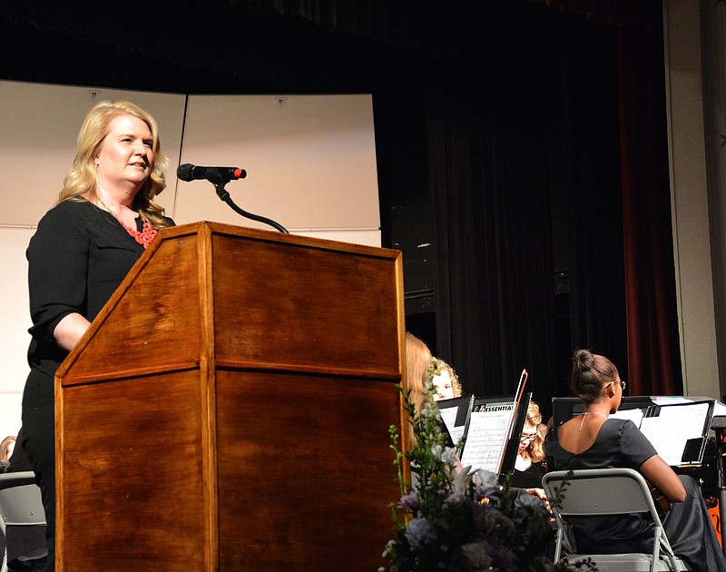 Melissa Hatfield, associate pastor at First Baptist Church, delivers a sermon during the Jefferon City High School baccalaureate service  Sunday at the Miller Performing Arts Center. 