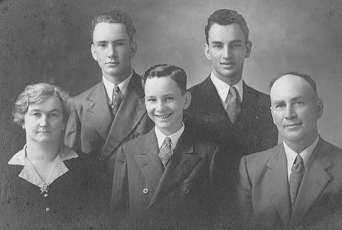 After returning from WWI, George Scheperle (far right) married Lydia Gemeinhardt (far left). The couple is pictured in the late 1930s with their three sons: Elwyn (standing, left), Cleo (center) and Ralph.