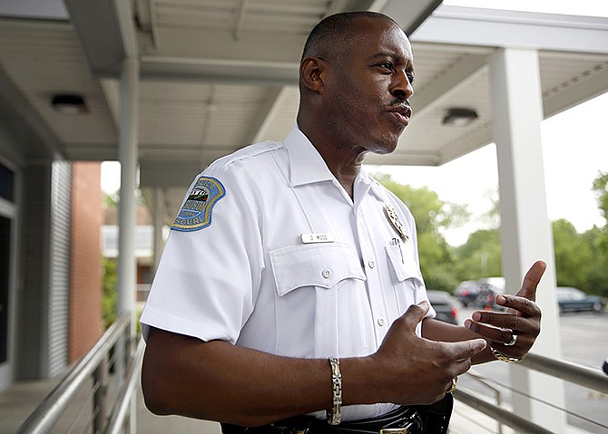 Delrish Moss speaks during an interview Monday in Ferguson. Moss was  sworn in Monday afternoon as Ferguson's first black police chief and said he hopes to diversify the department as it rebounds from months of unrest that followed the fatal 2014 shooting of Michael Brown. 