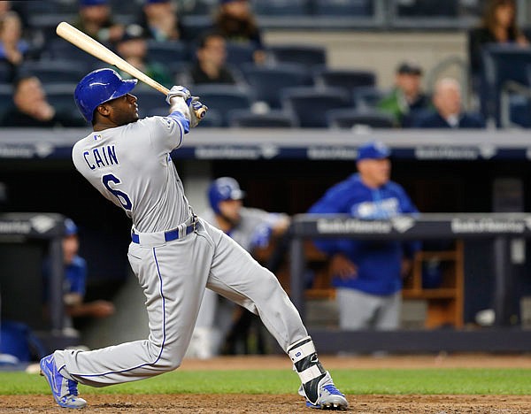 Lorenzo Cain of the Royals follows through on his three-run home run in the fifth inning of Tuesday's game against the Yankees in New York.