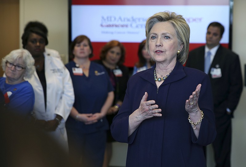 Democratic presidential candidate Hillary Clinton addresses a gathering of medical personnel at Cooper Hospital, Wednesday, May 11, 2016, in Camden, N.J. 