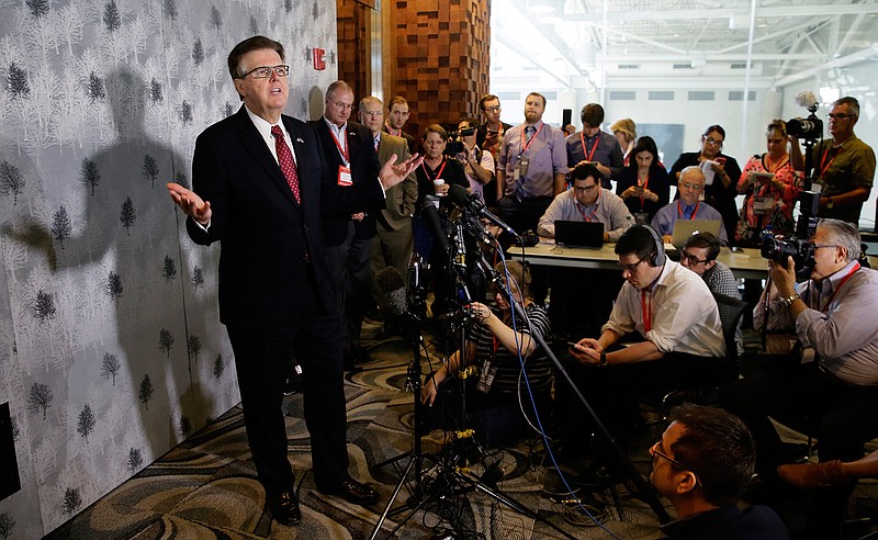 Texas Lt. Gov. Dan Patrick speaks during a news conference at the Texas Republican Convention Friday, May 13, 2016, in Dallas. Texas is signaling the state it will challenge an Obama administrative directive over bathroom access for transgender students in public schools. 