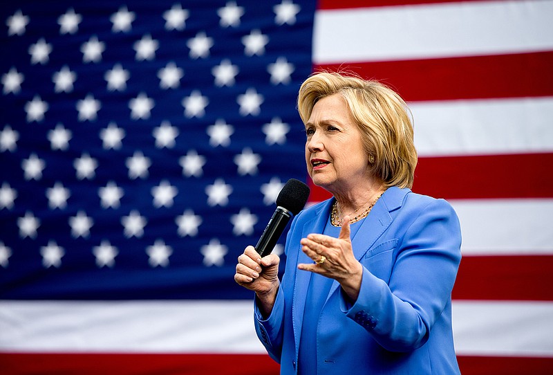 Democratic presidential candidate Hillary Clinton speaks at the home of Nathan Smith during a campaign stop in Fort Mitchell, Ky., Sunday, May 15, 2016.