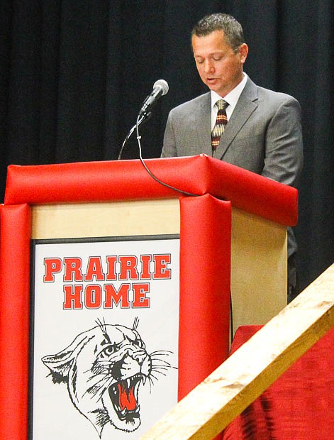 Dr. Steven Barnes, superintendent, gives the welcome address at Prairie Home graduation on Sunday, May 15, 2016.