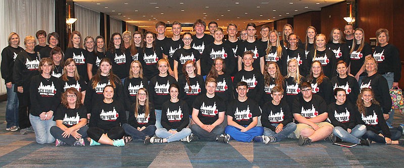 California High School vocal students, teachers and chaperones gather for a group photo during the trip to New York City.